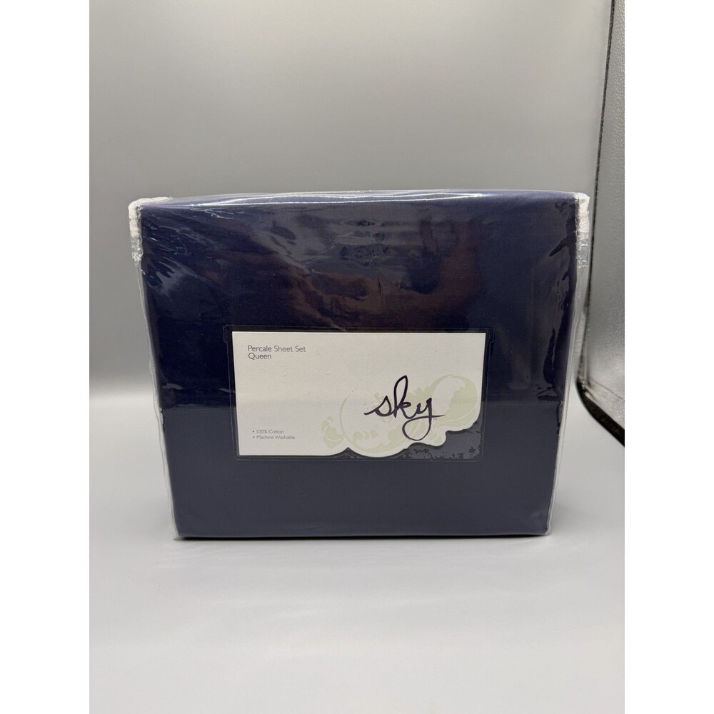 Sky 100% Cotton Percale QUEEN Sheet Set Navy New